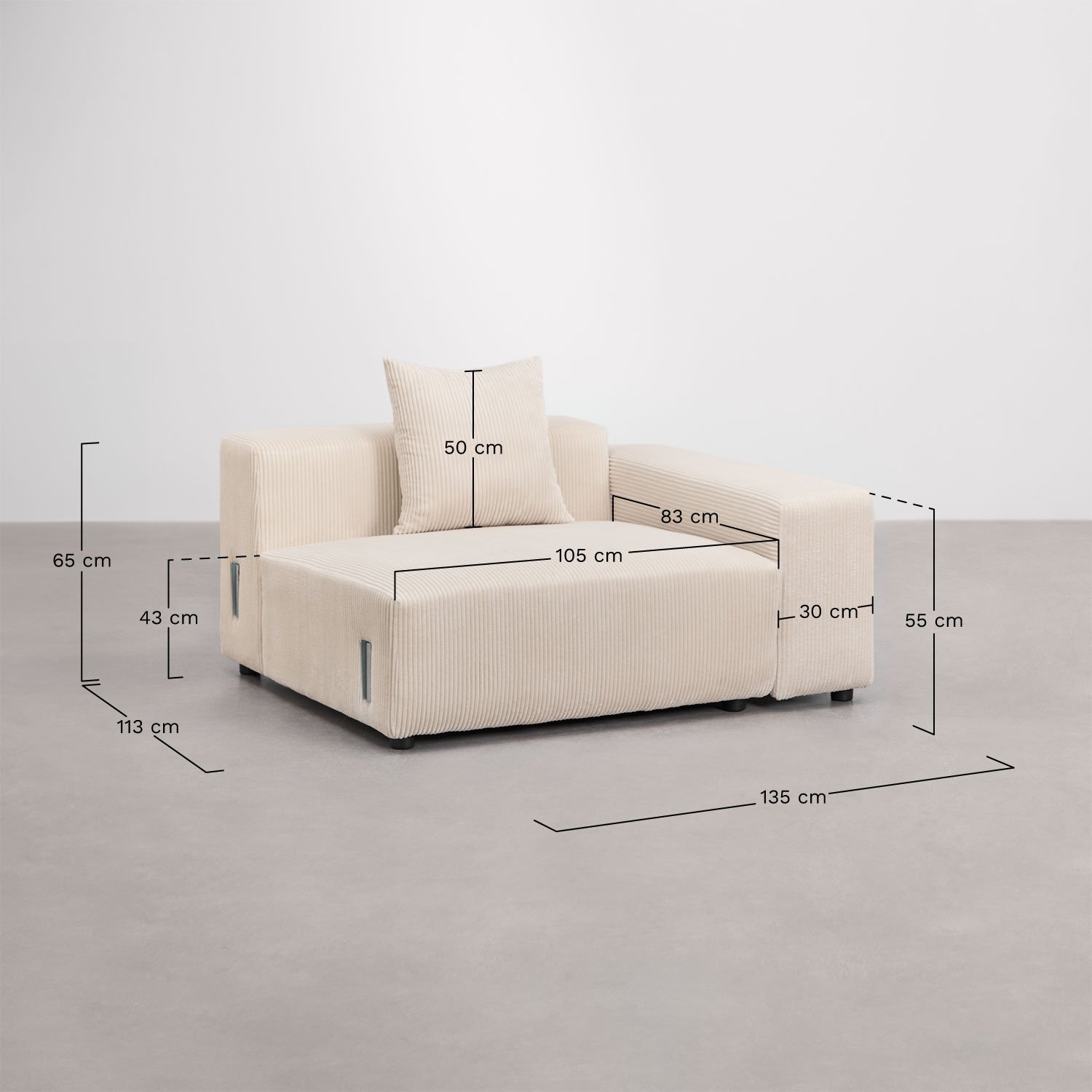 Rechtes Eckmodul 135x113 cm mit niedriger Armlehne und Kissen für modulares Sofa Bruna, MAßE