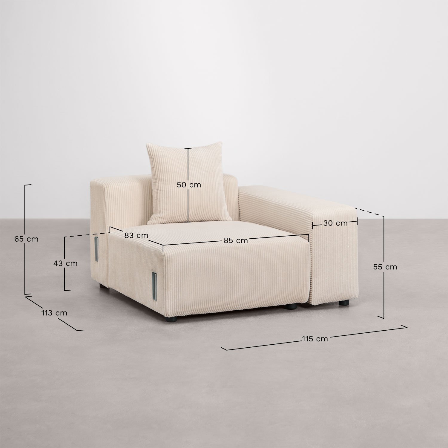 Rechtes Eckmodul 115x113 cm mit niedriger Armlehne und Kissen für modulares Sofa Bruna, MAßE