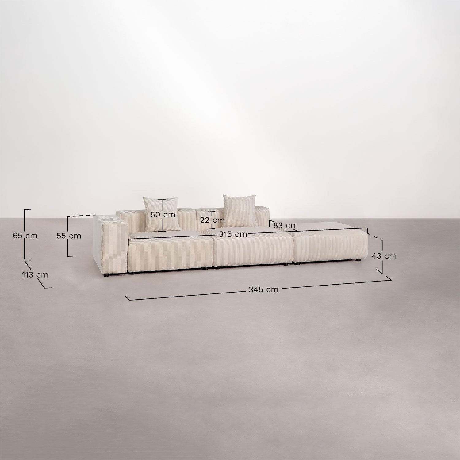 2-teiliges modulares Ecksofa mit linker Armlehne und Hocker ↔︎345 cm Bruna, MAßE