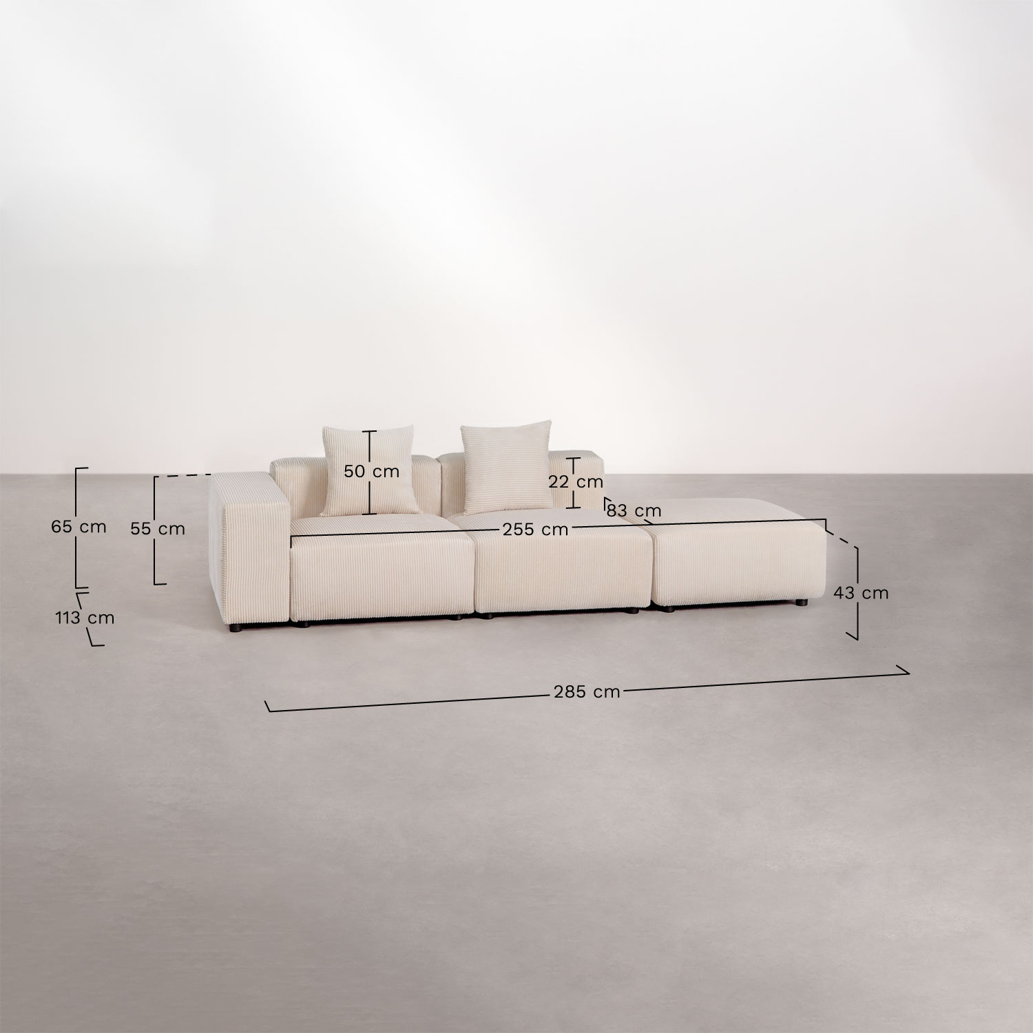 2-teilige modulares Ecksofa links mit niedriger Armlehne und Hocker ↔︎285 cm Bruna, MAßE