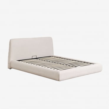 Bett Mit Gepolstertem, Aufklappbarem Bettkasten Norena Stofffarbe Cremebeige & 150 X 190 Cm - Sklum
