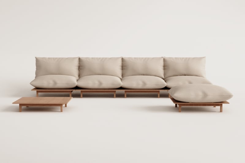 4-teiliges modulares Liegesofa mit Couchtisch und Puff aus Akazien-Brina-Holz