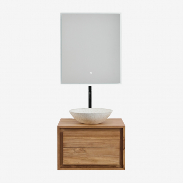 Badmöbelset Aus Jabari-teakholz Teakholz & Rund Zement Weiß Ø40 Cm Zavion & Rechteckig Led Und Anti-beschlag 60x70 Cm Tamsin - Sklum