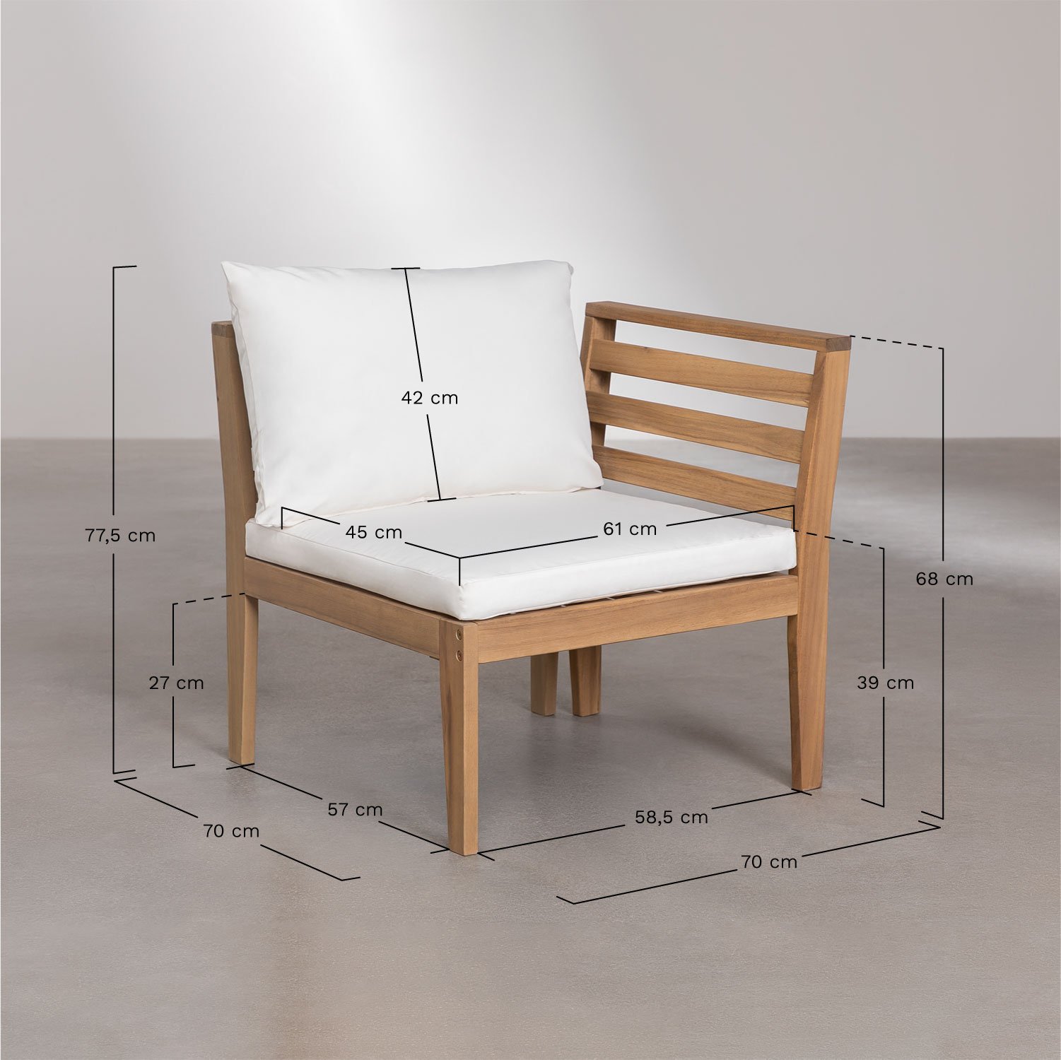 Rechtes Eckmodul für modulares Gartensofa aus Filips-Akazienholz, MAßE