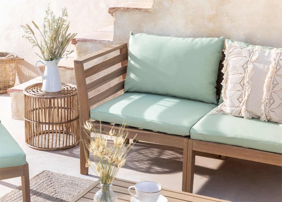 Linkes Eckmodul für modulares Gartensofa aus Filips-Akazienholz - Seladon