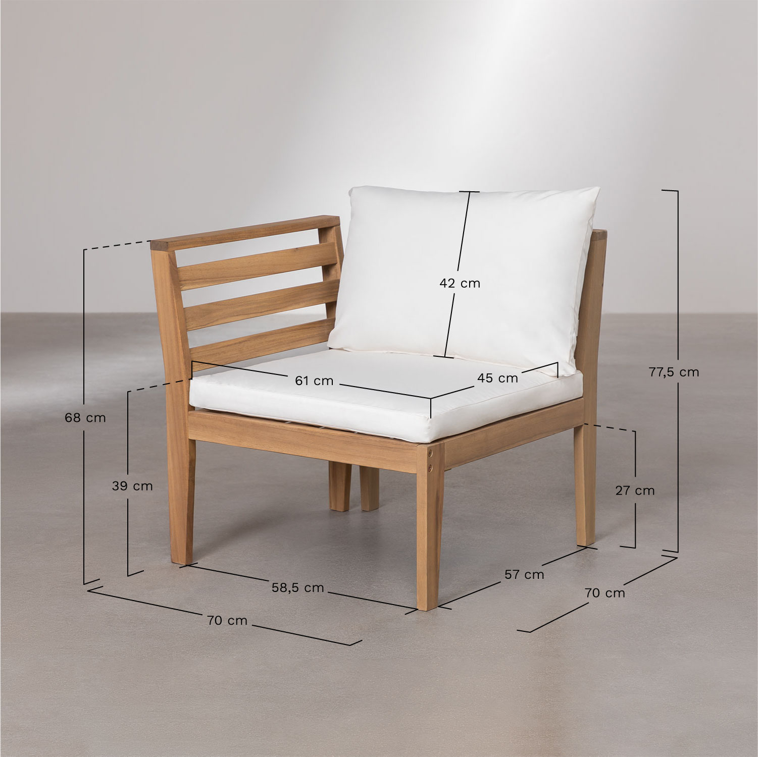 Linkes Eckmodul für modulares Gartensofa aus Filips-Akazienholz, MAßE