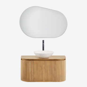 Badezimmerset Aus Mangoholz Analis Braun Natur & Rund Zement Weiß Ø40 Cm Zavion & Oval Led Und Anti-beschlag 100x65 Cm Meunier & - Sklum