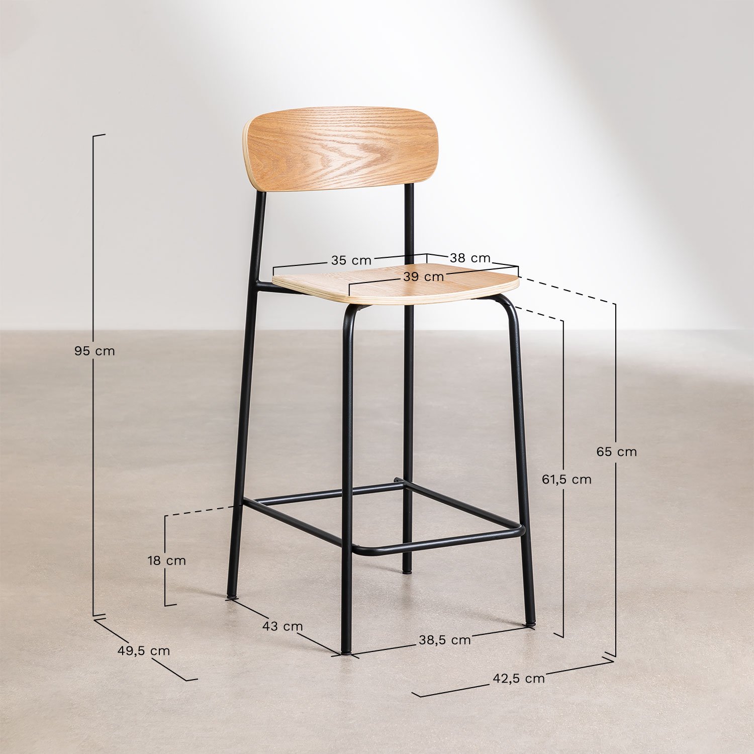 Stapelbarer hoher Hocker Wilpier 65 cm aus Eisen und Holz, MAßE