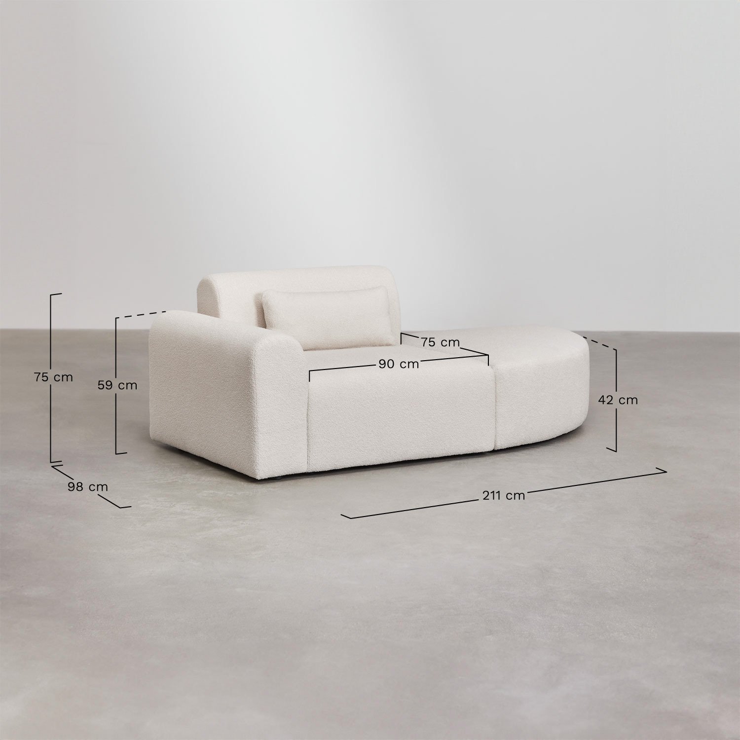 Einteiliges modulares Sofa in der linken Ecke mit dreieckigem Sitzpuff aus Borjan-Lammfell, MAßE