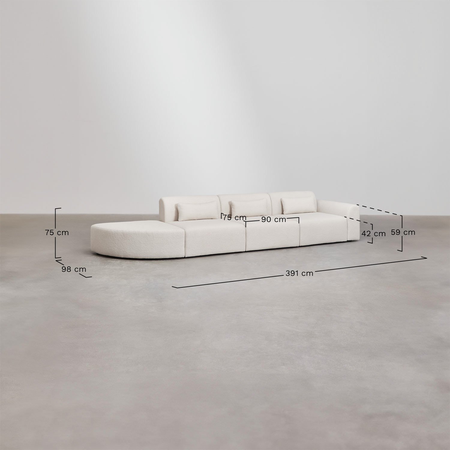 3-teiliges modulares Sofa in der rechten Ecke mit dreieckigem Sitzpuff aus Borjan-Lammfell, MAßE