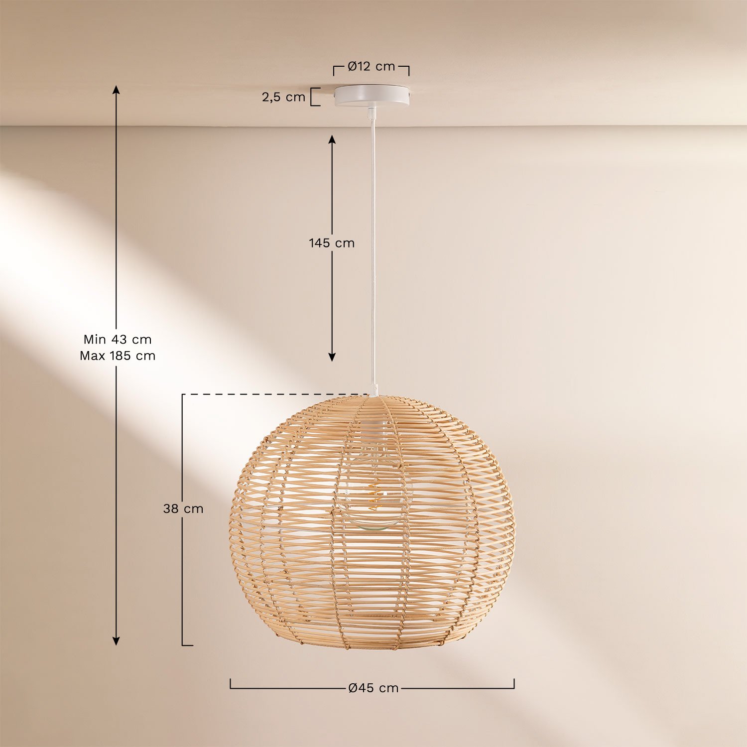 Hängende Deckenlampe aus Rattan Alpe, MAßE