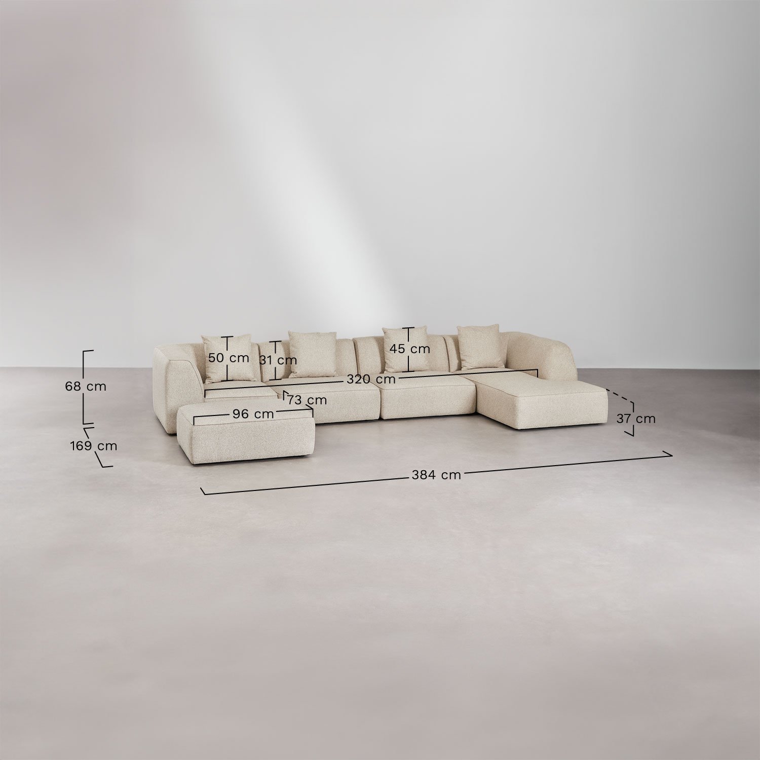 4-teiliges rechtsseitiges Chaiselongue-Modulsofa mit Cardea-Polsterhocker, MAßE