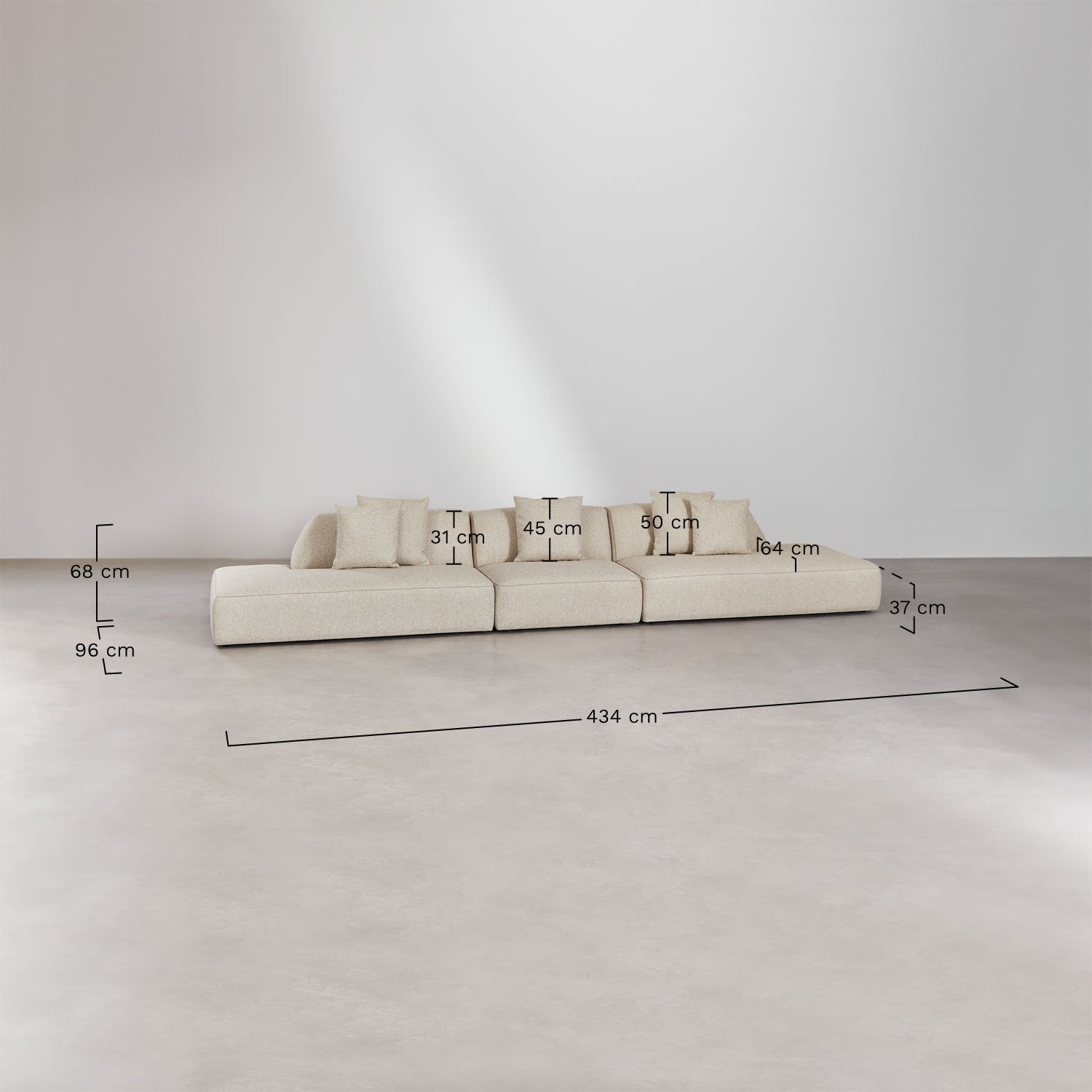 Cardea 3-teiliges modulares Sofa mit doppelter gepolsterter Chaiselongue, MAßE