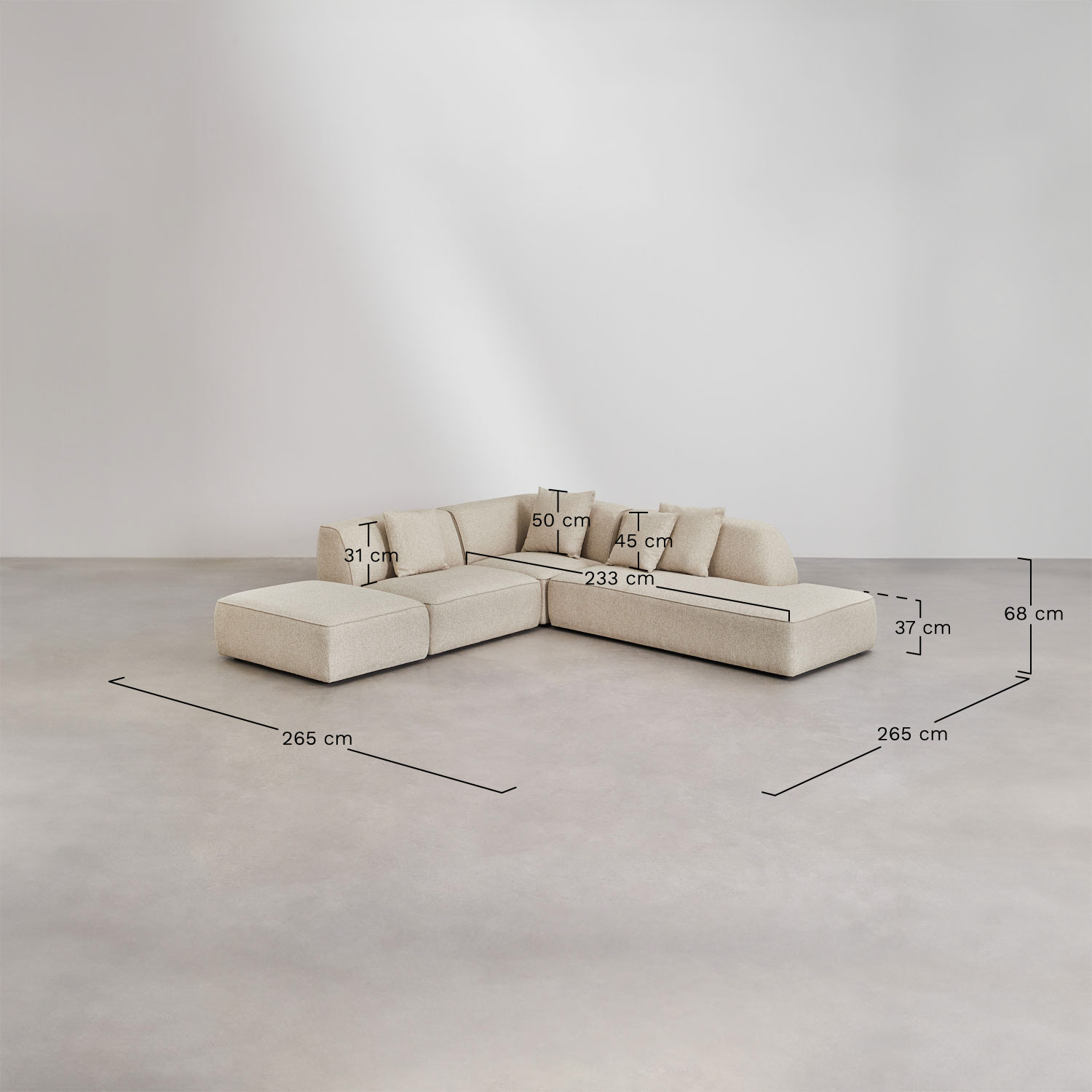 Cardea 3-teiliges modulares Ecksofa mit rechter Chaiselongue und gepolstertem Pouf, MAßE