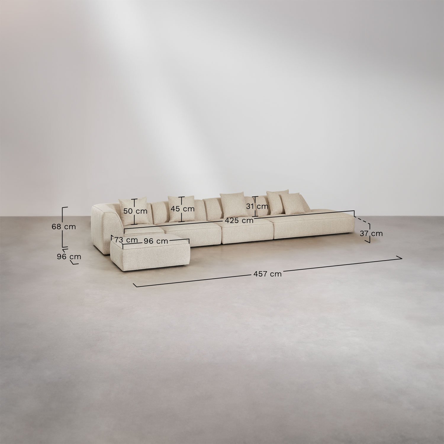 Cardea 4-teiliges modulares Ecksofa mit Chaiselongue rechts und gepolstertem Hocker, MAßE