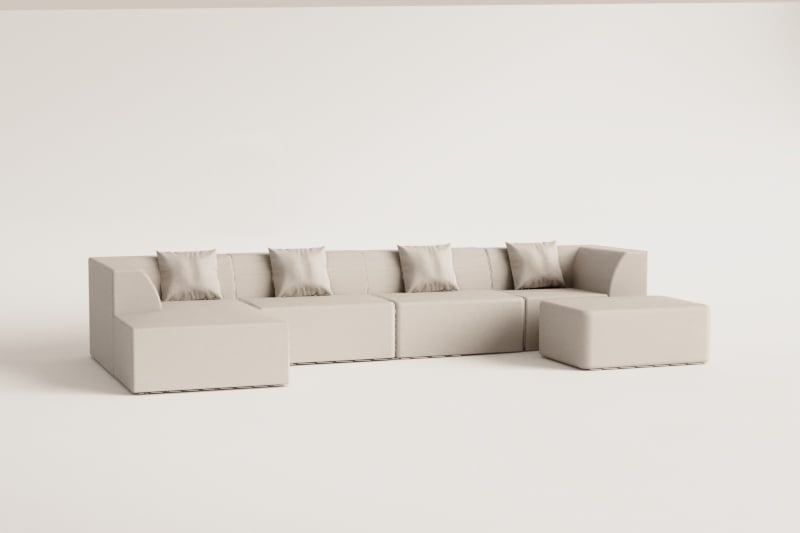 Modulares 4-teiliges Chaiselongue-Sofa links mit Pouf aus Cardea-Bouclé-Stoff