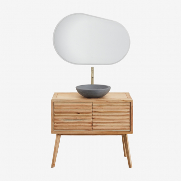 Deleyna Badezimmermöbel-set Aus Holz Braun Natur & Rund Grau Zement Ø40 Cm Tarsis & Oval Led Und Anti-beschlag 100x65 Cm Meunier - Sklum