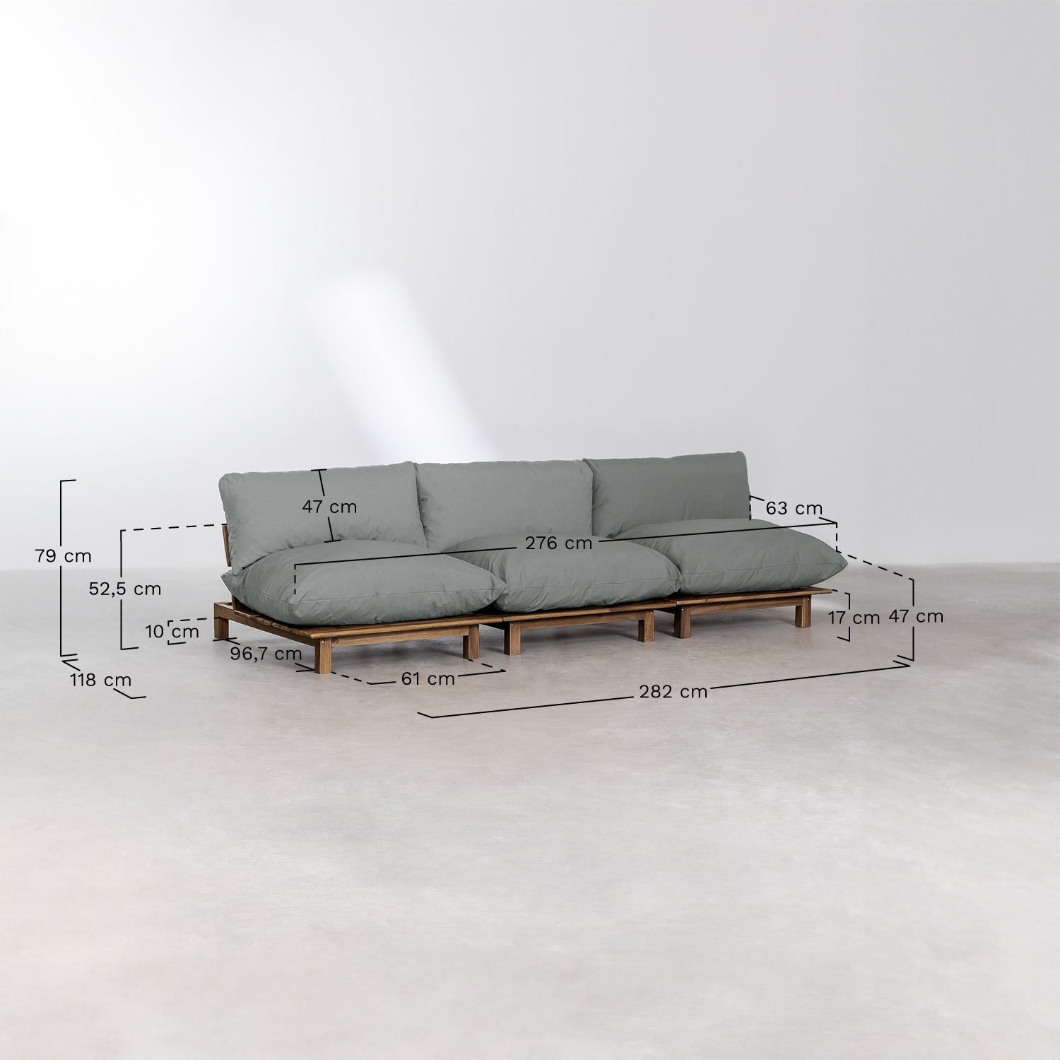 Brina 3-teiliges modulares Liegesofa-Gartenset mit Couchtisch aus Akazienholz, MAßE