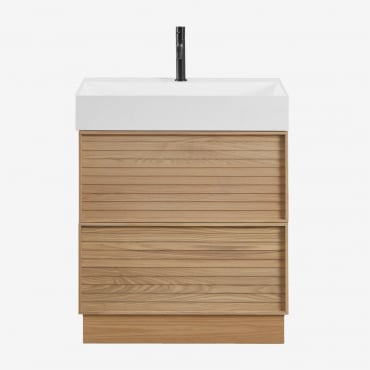 Jolene Badezimmermöbelset Aus Holz Mit Integriertem Waschbecken Braun Natur & Ohne Spiegel & Schwarz ↑20 Cm Mit Ablassventil Ohne Überlauf Orveta -