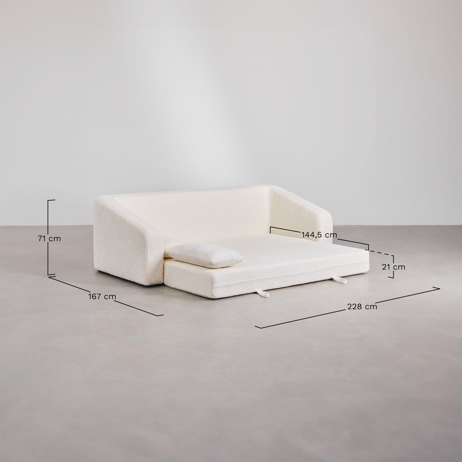 Dalila 3-Sitzer-Schlafsofa aus Bouclé-Stoff, MAßE