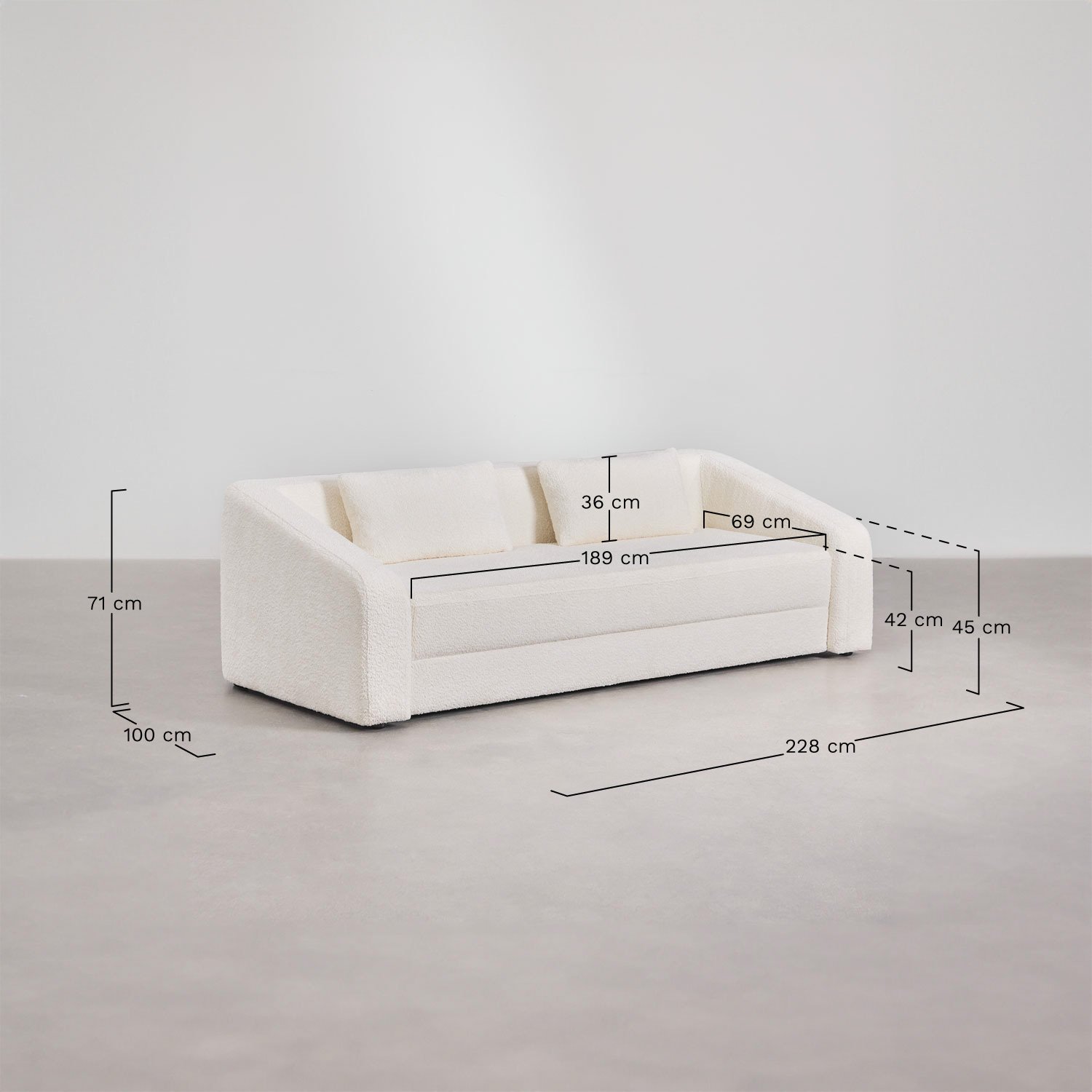 Dalila 3-Sitzer-Schlafsofa aus Bouclé-Stoff, MAßE