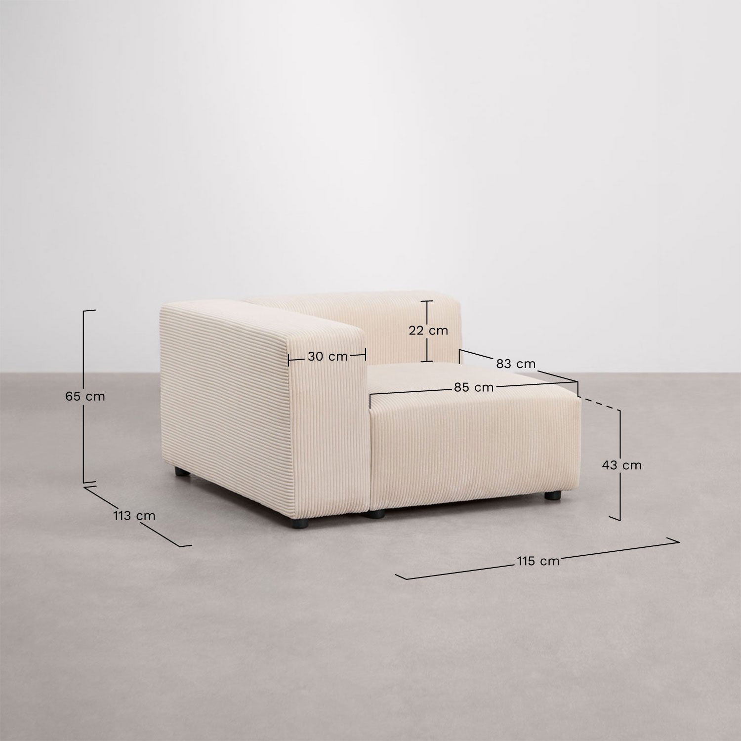 Linkes Eckmodul 115x113 cm mit hoher Armlehne für modulares Sofa Bruna, MAßE