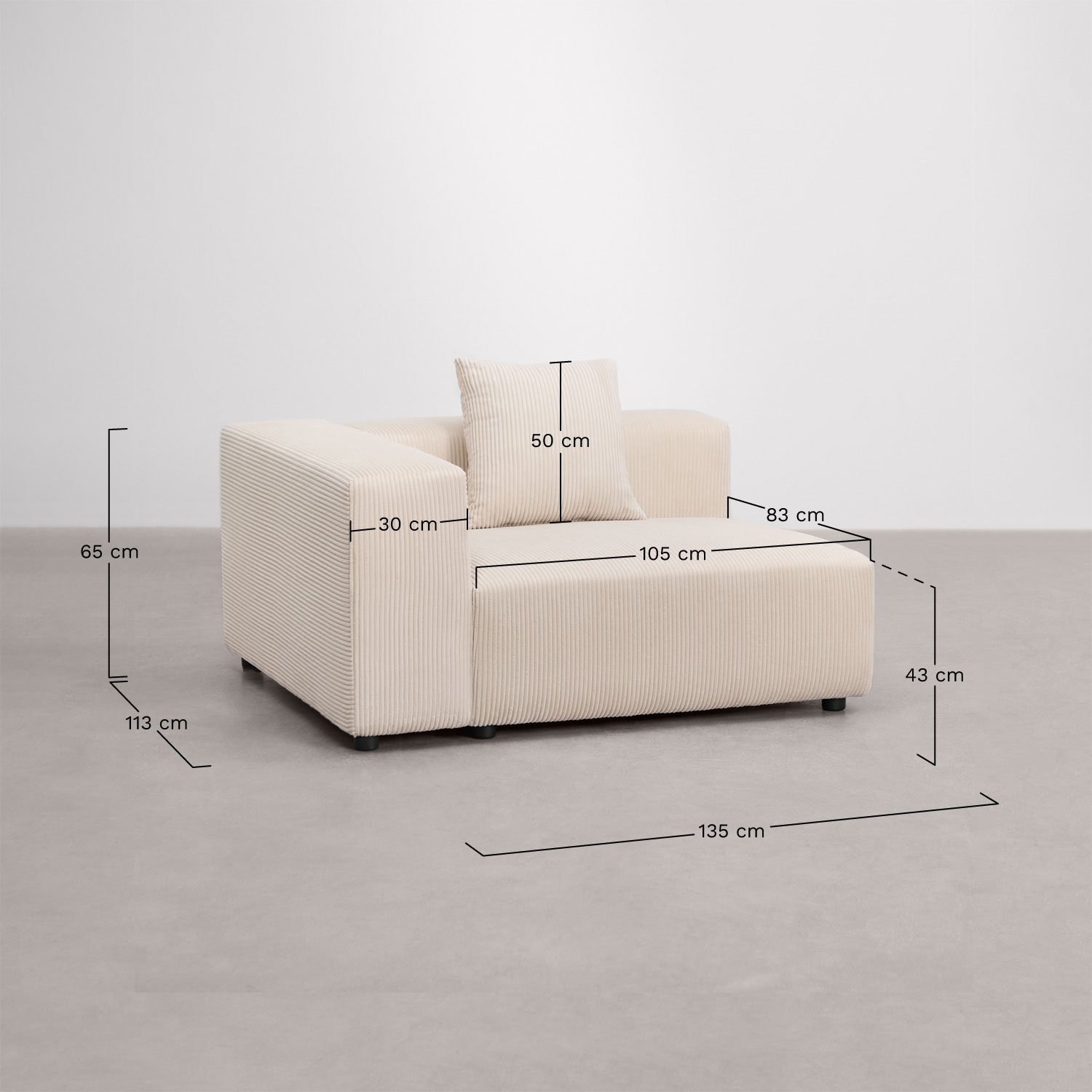 Linkes Eckmodul 135x113 cm mit hoher Armlehne und Kissen für modulares Sofa Bruna, MAßE