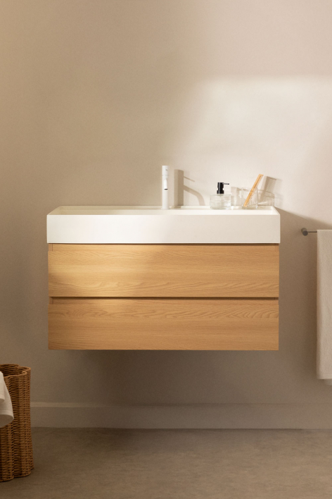 Hängendes Badezimmermöbel-Set aus Holz und Eschenfurnier mit integriertem Waschbecken Ona - Braun Natur
