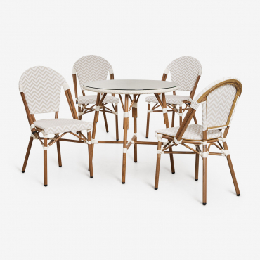 Set Aus Rundem Tisch Ø80 Cm Und 4 Stapelbaren Gartenstühlen Aus Aluminium Und Synthetischem Rattan Brielle Bistro Beige Nude - Gardenia Weiß - Sklum