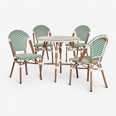 Runder Tischset Ø80 Cm Und 4 Stapelbare Esszimmerstühle Aus Aluminium Und Synthetischem Rattan Brielle Bistro Grün Apfel - Gardenia Weiß - Sklum