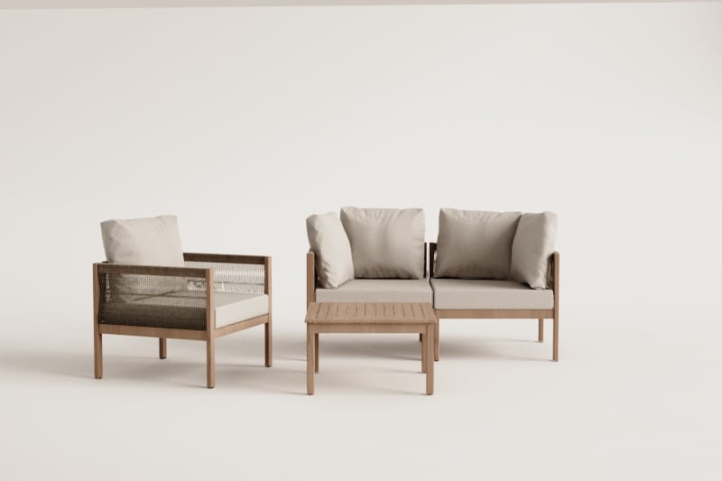 2-teiliges modulares Sofa-Set aus Akazienholz Branson mit Armlehnen, Sessel und Couchtisch