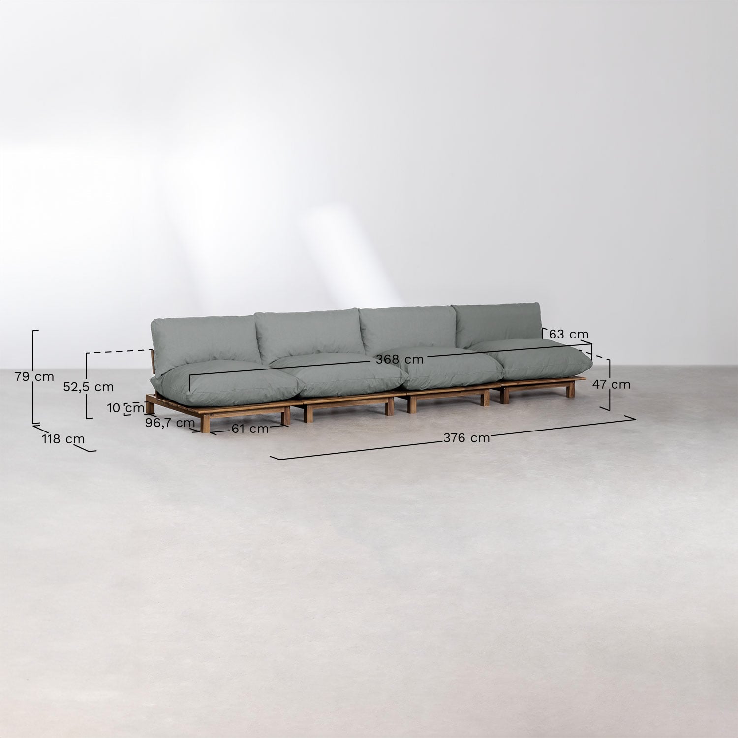 Modulares 4-teiliges Garten-Sofa mit verstellbarem Rückenlehnen und Hocker aus Akazienholz Brina, MA&szlig;E