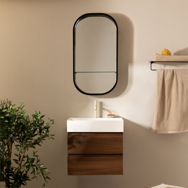 Badezimmerset Aus Holz Und Eschenfurnier Mit Integriertem Waschbecken Ona Braun Dark & Oval Mit Ablage Schwarz 50x90 Cm Warien & Braun Tapioca - Sklum