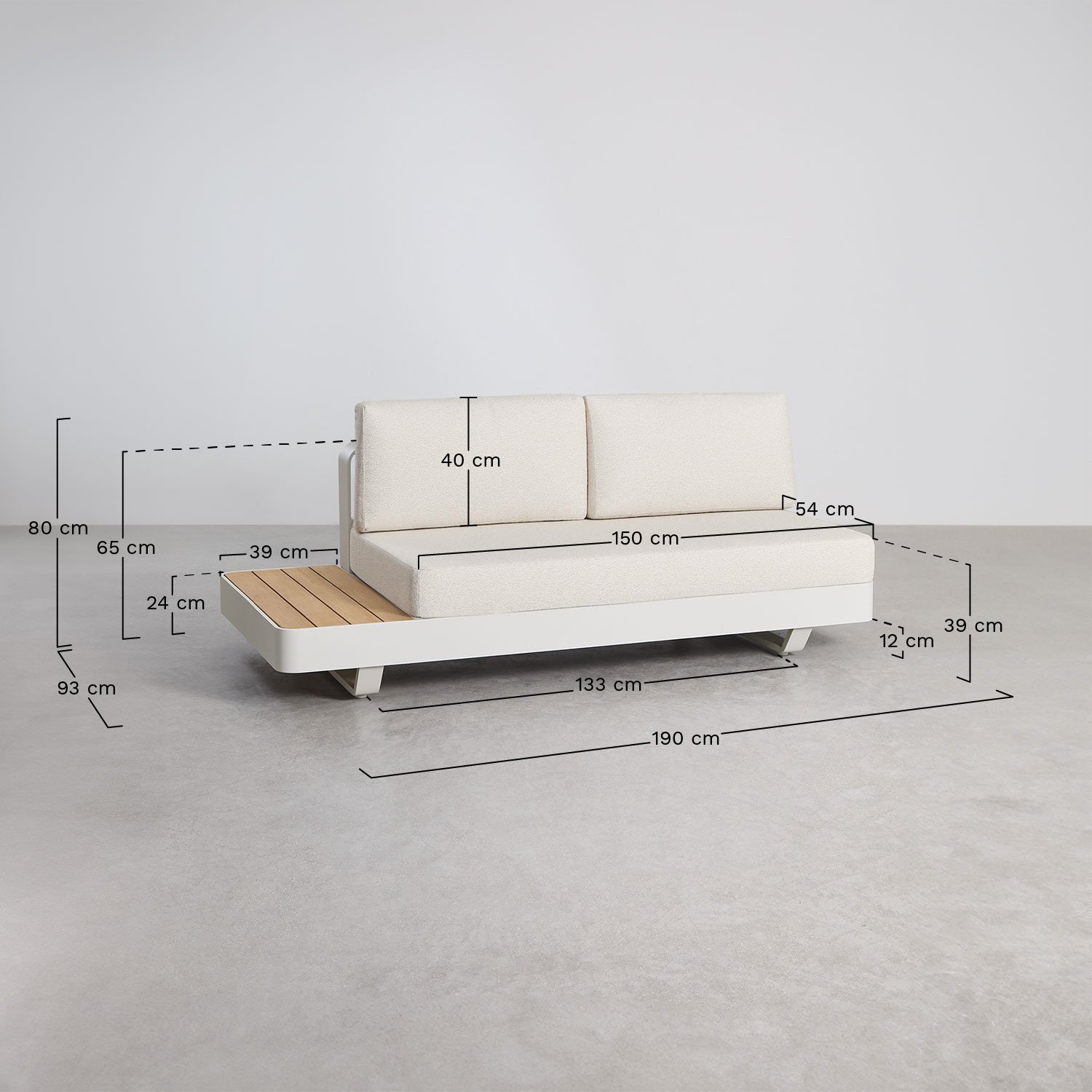 Yarilo Modulares 2-Sitzer-Sofa aus Aluminium mit linkem Beistelltisch aus Teakholz, MAßE