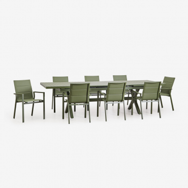Karena Rechteckiges Ausziehbares Tischset 240-300x100 Cm Und 8 Stapelbare Gartenstühle Mit Aluminiumarmlehnen Tiefes Grün Olive - Sklum