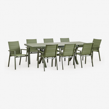 Karena Rechteckiges Ausziehbares Tischset 180-240x90 Cm Und 8 Stapelbare Gartenstühle Mit Aluminiumarmlehnen Tiefes Grün Olive - Sklum