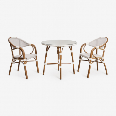 Brielle Bistro Rundes Tischset Ø80 Cm Und 2 Stapelbare Gartenstühle Mit Armlehnen Aus Textilene Und Aluminium Gardenia Weiß - Sklum