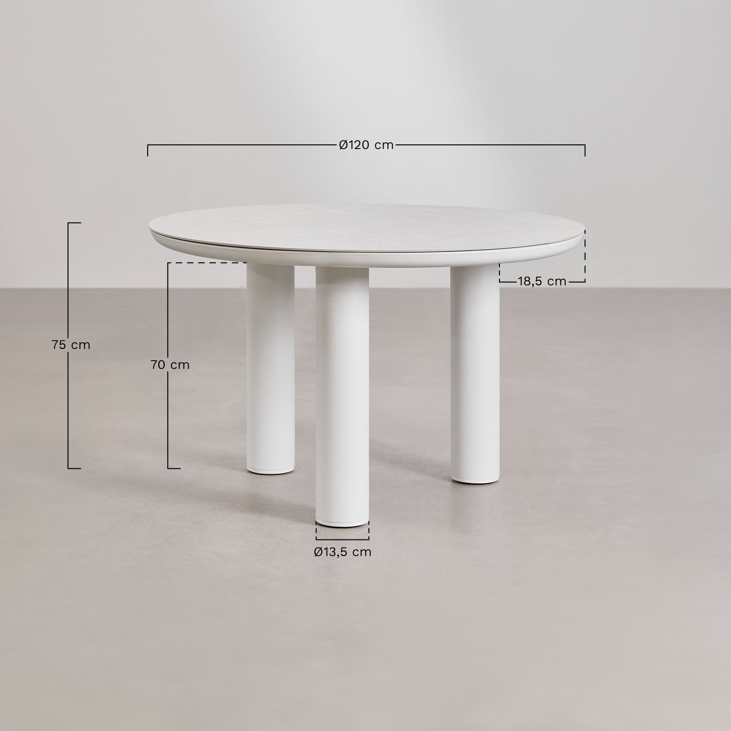 Runder Esstisch Ø120 cm aus Keramik und Aluminium Arken, MAßE