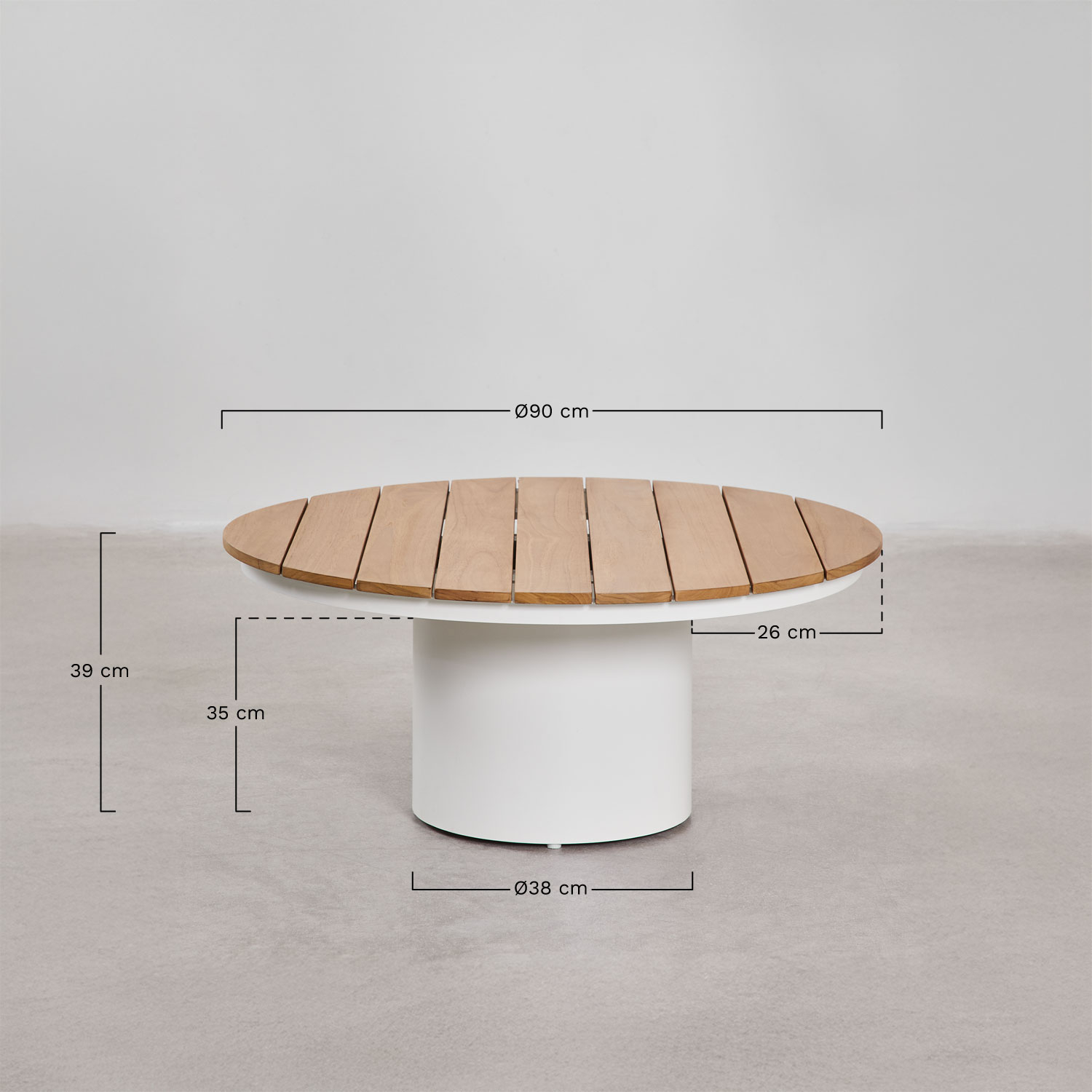 Runder Gartencouchtisch Ø90 cm aus Teakholz und Aluminium Anturio, MAßE