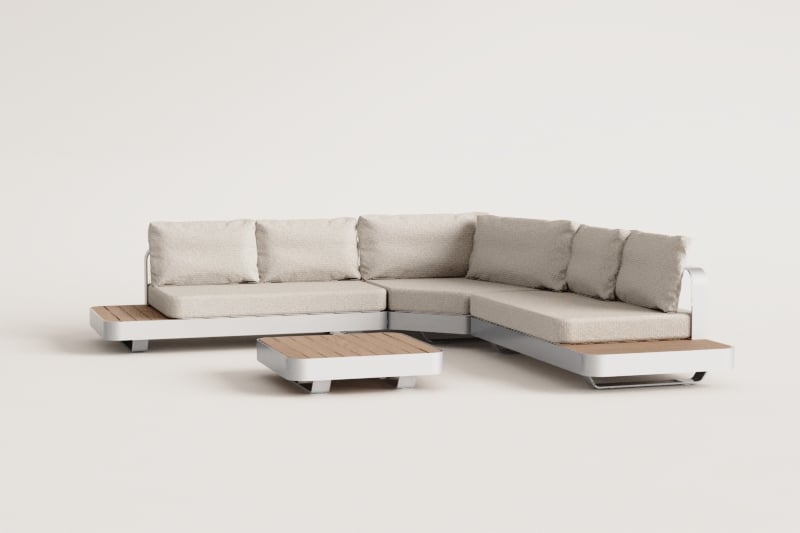 Wohnzimmerset mit 5-Sitzer-Ecksofa und Couchtisch aus Aluminium und Teakholz Yarilo