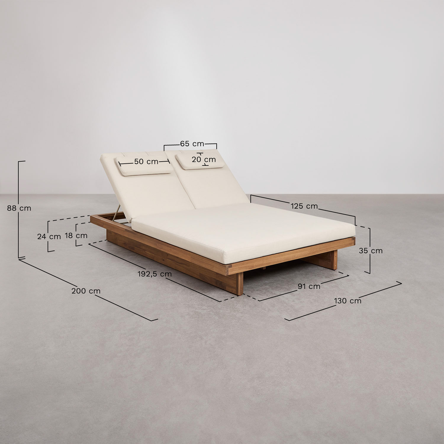 Doppelliege aus Akazienholz mit verstellbarer Rückenlehne und Kissen Dailin, MAßE