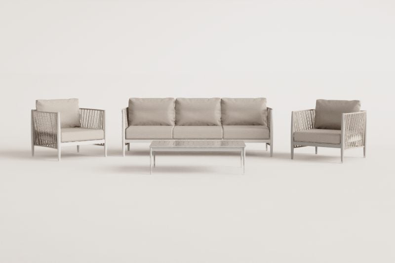 Wohnzimmerset mit 3-Sitzer-Sofa, rechteckigem Couchtisch 120x70 cm und 2 Sereilen-Aluminium-Sesseln