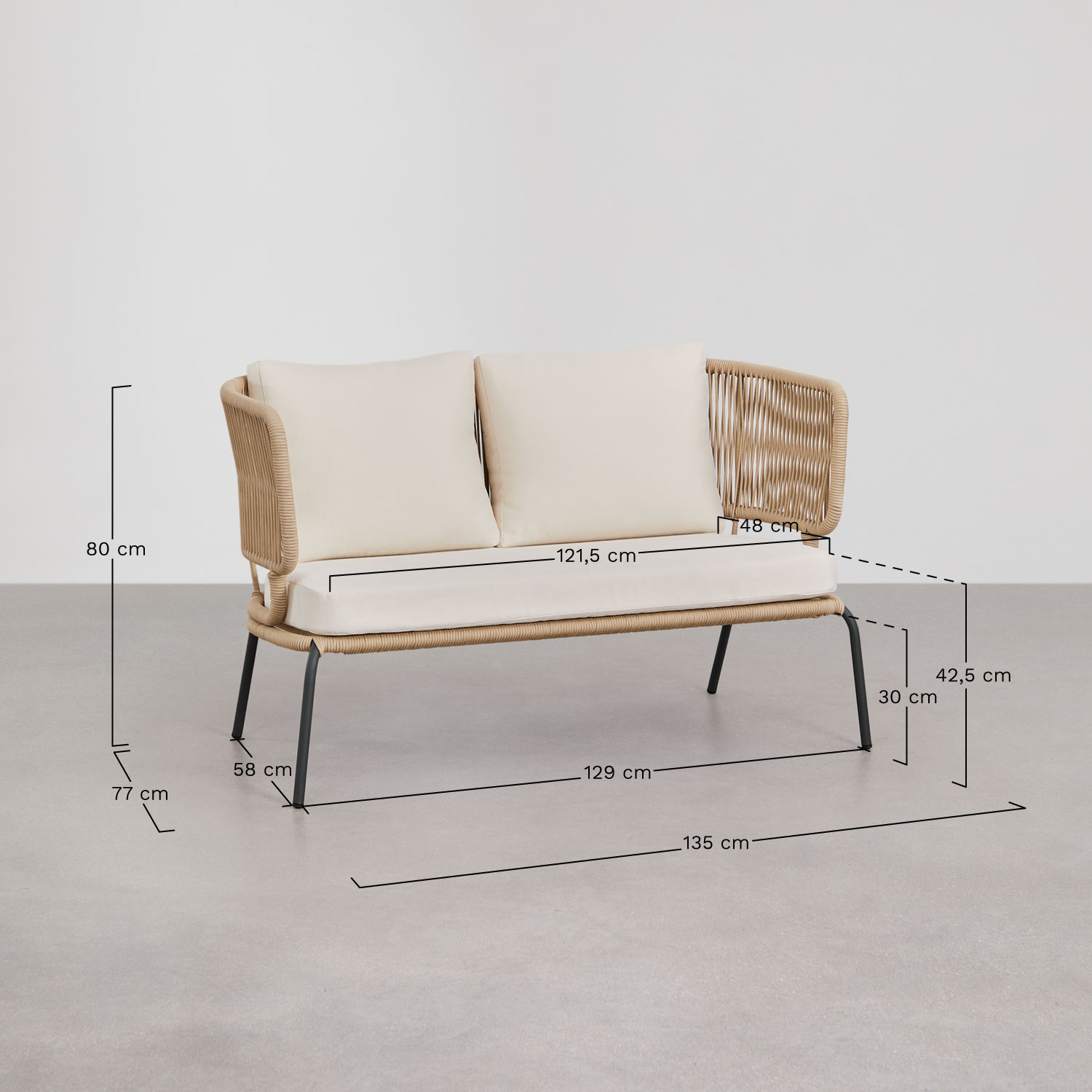 5-teiliges Wohnzimmer-Set mit 2-Sitzer-Sofa, 2 Sesseln und 2 Couchtischen Calipso, MAßE