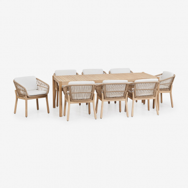 Rechteckiges Tischset 220x100 Cm Und 8 Esszimmerstühle Aus Akazienholz Und Geflochtenem Karvia-seil Stofffarbe Weiss - Sklum