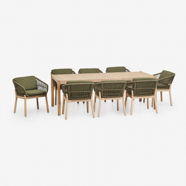 Rechteckiges Tischset 220x100 Cm Und 8 Esszimmerstühle Aus Akazienholz Und Geflochtenem Karvia-seil Bouclé Grün Salbei - Sklum