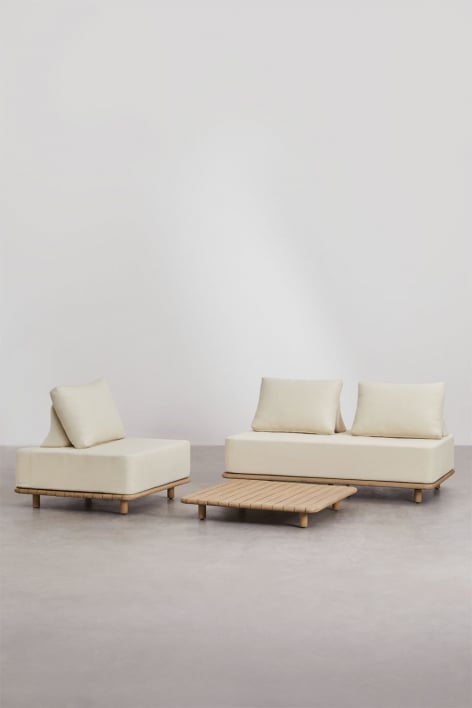 Wohnzimmerset mit 2-Sitzer-Sofa, Sessel und 95x95 cm großem Couchtisch aus Akazie Portet