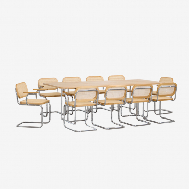 Rechteckiger Tischset 240x100 Cm Aus Mdf Und Edelstahl Und 10 Esszimmerstühle Mit Armlehnen Tento Eschenfurnier - Sklum