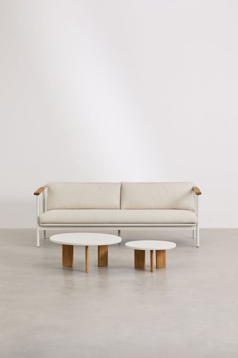 Wohnzimmerset mit 3-Sitzer-Sofa aus Bouclé-Stoff und 2 Couchtischen aus Aluminium Yervin