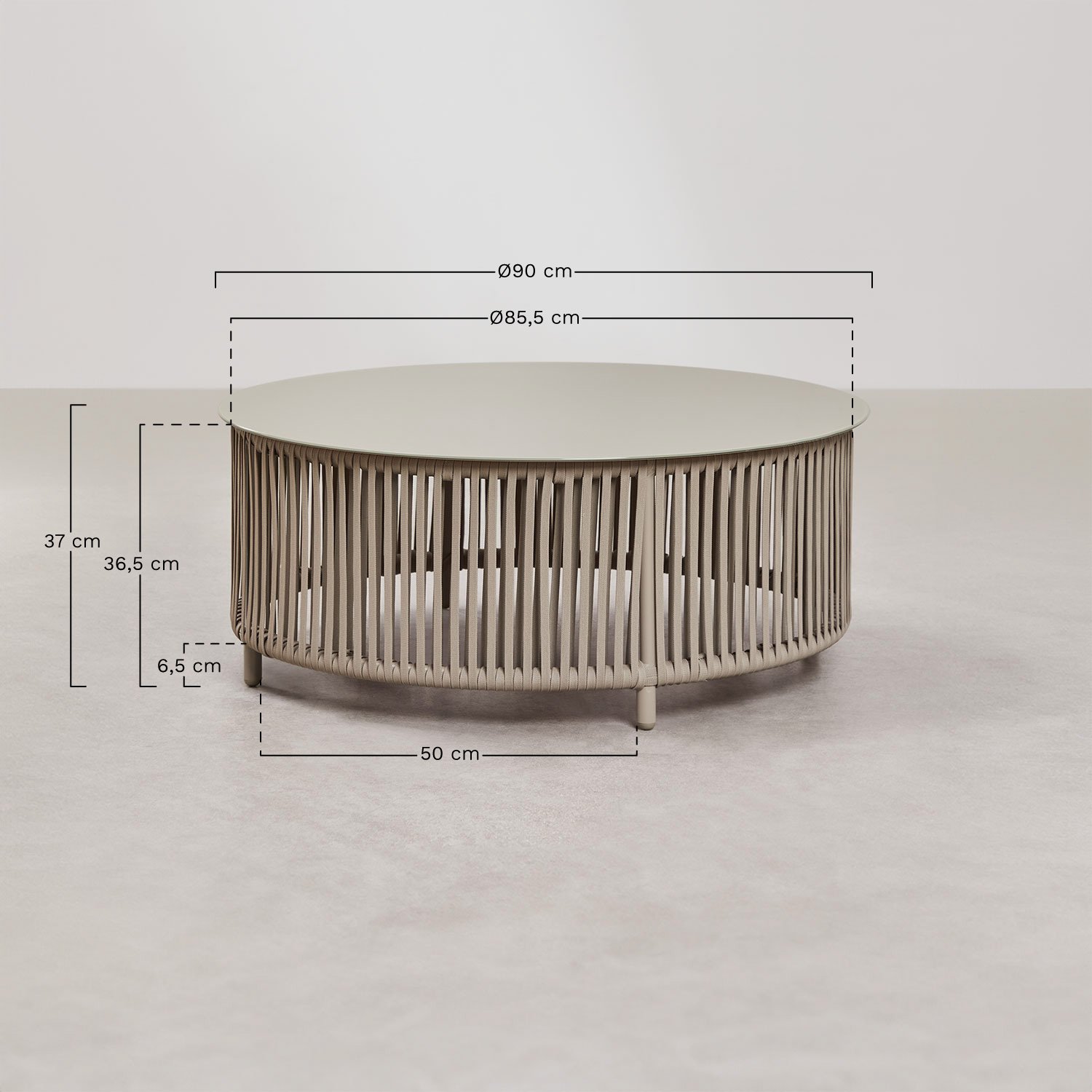Gartenset mit 2-Sitzer-Sofa, 2 Sesseln und Couchtischen aus Aluminium und geflochtenem Sophie-Seil., MAßE