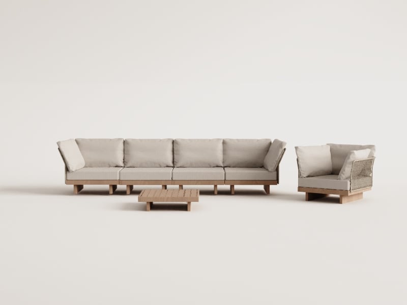 4-teiliges modulares Sofa-Set Dailin mit 2 Eckstühlen, Couchtisch und Sessel aus Akazienholz